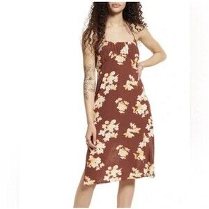 Bp. Tie Back Halter Midi Dress Sleeveless Brown Ivory‎ Floral Lined Women NEW XS